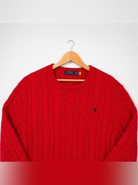 Polo Ralph Lauren Men’s Red Solid Crewneck Cable Knit Cotton Pony Logo Sweater